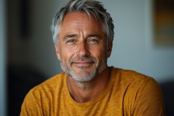 Obraz premium Smiling mature man with gray hair and beard wearing mustard yellow shirt looking at camera in natural light with blurred background Generative AI