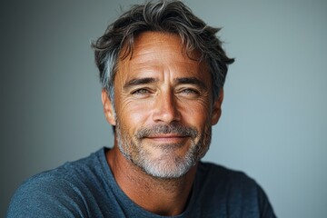 Obraz premium Smiling mature man with salt and pepper hair and beard wearing dark blue shirt looking confidently at camera against neutral background Generative AI