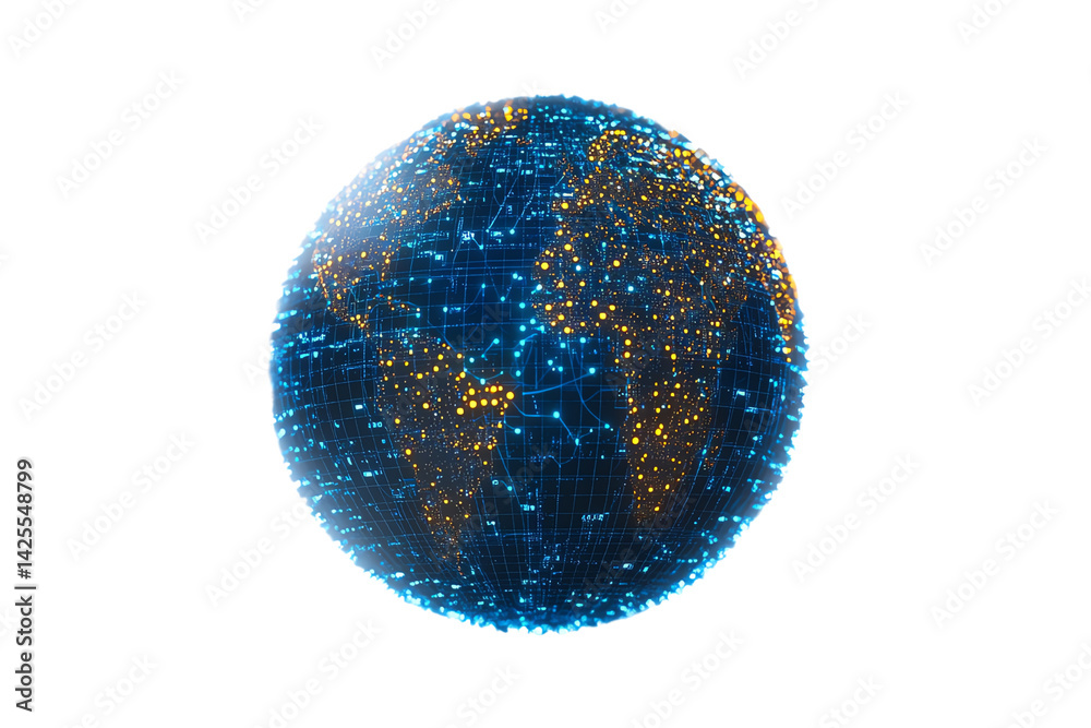 Poster 3D globe concept with interconnected world map and glowing nodes on a dark background, representing global connectivity.