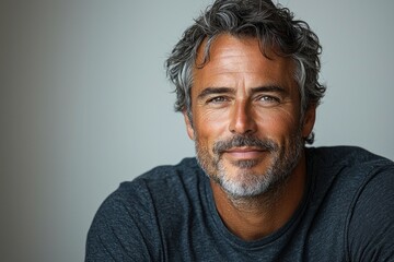 Obraz premium Smiling mature man with salt and pepper hair wearing dark blue shirt looking confidently at camera against white background closeup Generative AI
