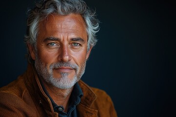 Obraz premium Stylish mature man with salt and pepper hair wearing brown jacket and dark shirt looking confidently at camera against dark background Generative AI