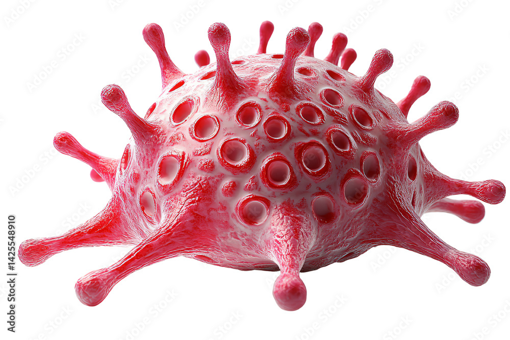 Poster 3d model of a virus with vibrant red color and spiky protrusions on a white isolated background.