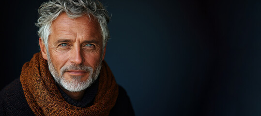 Stylish mature man with salt and pepper hair wearing brown jacket and dark shirt looking confidently at camera against dark background Generative AI