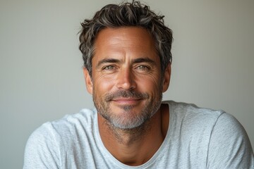 Smiling middle aged man with salt and pepper hair wearing casual gray t shirt against neutral background looking confident Generative AI