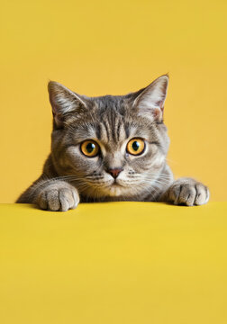 Adorable British Shorthair kitten with bright amber eyes peeking over a vibrant yellow surface, set against a solid yellow background. The curious expression and minimalist setting make this a perfect