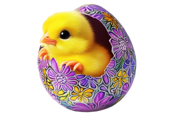 Adorable cute yellow chick emerging from cracked colorful floral eggshell isolated on white transparent background. Symbolizing Easter, spring, and new beginnings