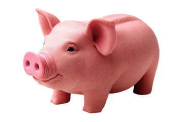 A cute, smiling pink pig figure isolated on a white background.
