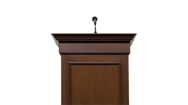 Podium of Presentation: A sophisticated wooden podium with a sleek microphone, poised to make a statement, ready for a speech. The design exudes professionalism and authority. 