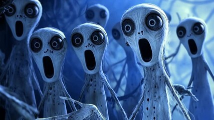 Eerie gathering of ghostly figures in a dark, enchanted forest, evoking a sense of mystery