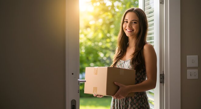 Happy woman receiving package at home delivery service smiling at the door holding cardboard box order