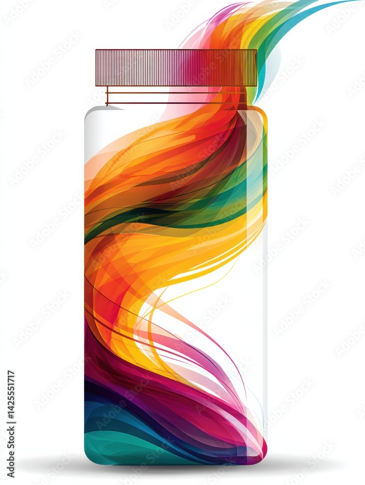 Poster modern pill bottle featuring a dynamic wave of colors representing pharmacy and care in a clean desi