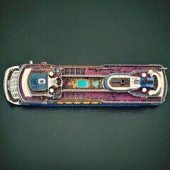 Aerial View of a Large Cruise Ship with Pools and Deck Chairs Floating on the Dark Green Ocean Surface