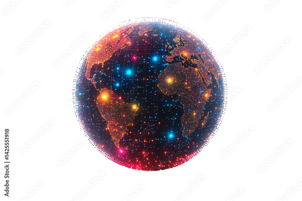 Poster a futuristic globe surrounded by vibrant network connections glowing in colors, representing global 