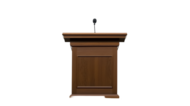 Podium in Focus: A sturdy wooden podium stands ready, featuring a microphone and minimalist design, poised to host a speech, presentation, or address. 