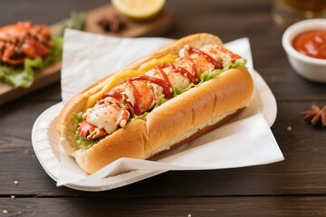 Lobster roll on a white plate suitable for restaurant menus, food blogs, culinary websites, seafood promotions, or social media posts. AI Generated