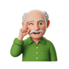 Obraz premium Cartoon grandpa winking with finger up, showing idea, wearing green shirt, 3d render