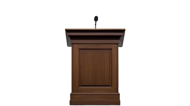 Wooden Podium: A stately wooden podium with a sleek design, ready for eloquent speeches and presentations, bathed in soft studio lighting.
