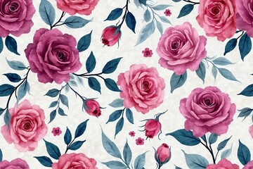 Bold seamless watercolor pattern with hand-painted roses in vibrant fuchsia, deep plum, and magenta