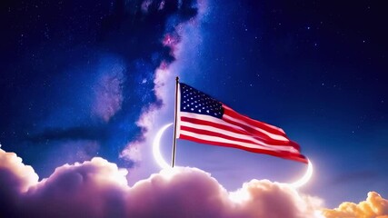 Majestic night sky stars and american flag unfurled under crescent moon soaring above fluffy clouds - Powered by Adobe