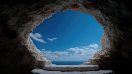 Cave opening to a breathtaking ocean view.  A  stone archway leads to a vast expanse of blue sky and sea