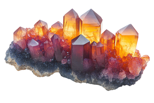 A stunning cluster of orange and purple crystals shining against a white isolate background.