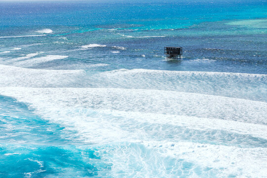 Aerial view of famous surf spot named Cloudbreak, Fiji