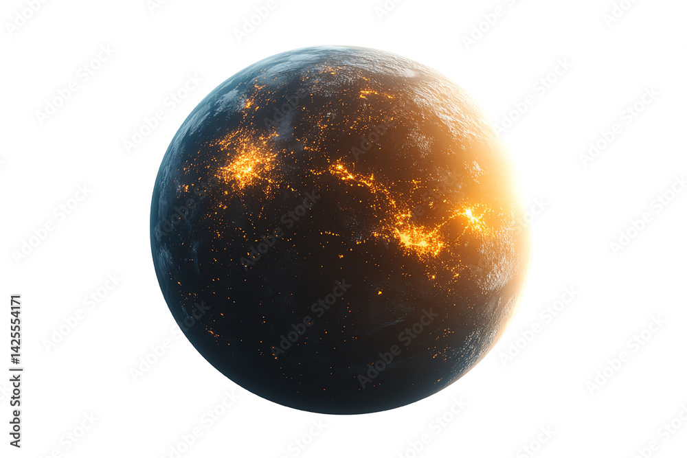 Poster a stunning visual of a distant planet featuring illuminated regions, enhanced with a dark atmosphere