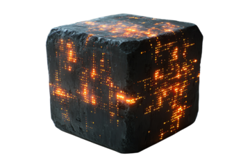 A textured, glowing cube with a dark exterior and bright orange lights, isolated on a white background.