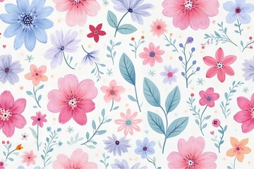 Vibrant watercolor seamless pattern featuring flowers in bubblegum pink, cotton candy blue, and pale lavender