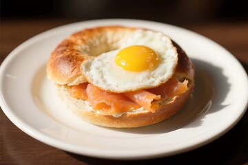 Bagel topped with cream cheese and smoked salmon on a wooden board. Ideal for restaurant menus, breakfast or brunch concepts. AI Genereted