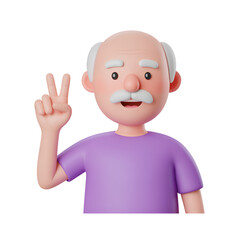 Obraz premium Cartoon grandpa showing peace sign with hand in 3d rendering illustration