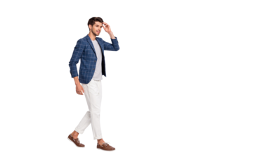 Full length profile side photo of attractive millennial think wear plaid blazer jacket pants trousers footwear isolated over white background