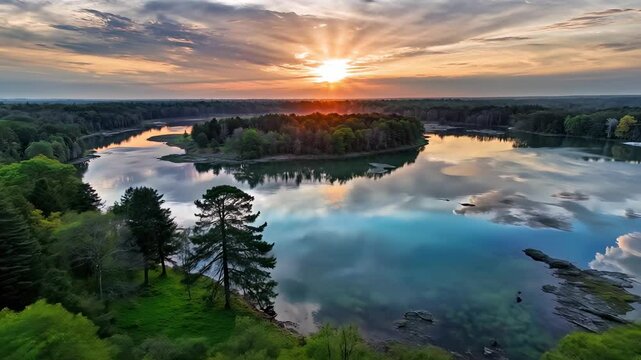 arafed view of a lake with a sunset in the background