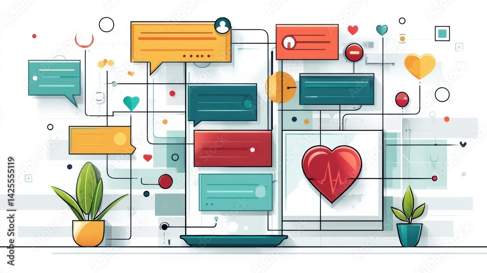 Poster Modern Healthcare Chatbot Features a Colorful Interface With Heart Symbol, Enhancing User Engagement in Digital Health Solutions