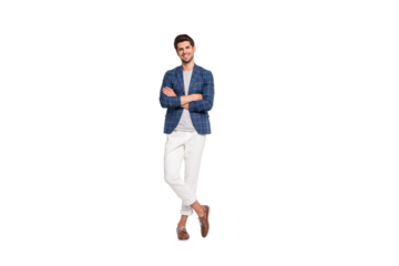 Full size photo of pretty guy cross his arms wear plaid good look checkered blazer jacket pants trousers boat-shoes isolated over white background