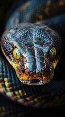 Fototapeta premium A captivating close-up of an anaconda with its mouth slightly open, showing its powerful, muscular build