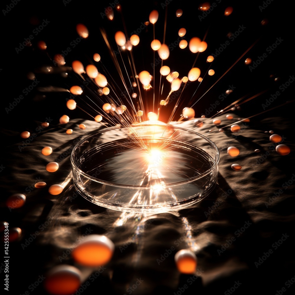 Poster science experiment: petri dish with cellular activity and a burst of light in a dark environment