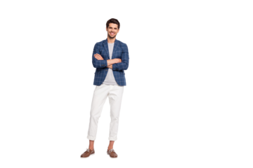 Full length photo of attractive man cross his hands wear checkered plaid look blazer jacket pants trousers isolated over white background