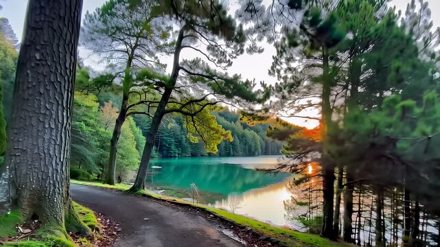 trees and a path near a lake with a sunset in the background
