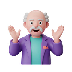 Obraz premium Cartoon professor with surprised expression and hands up in a purple jacket