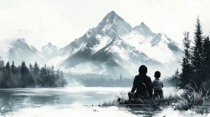 Mother and child sitting facing mountain landscape in black and white