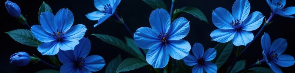 Intense blue blooms against black Sophisticated floral composition , deep, art, background