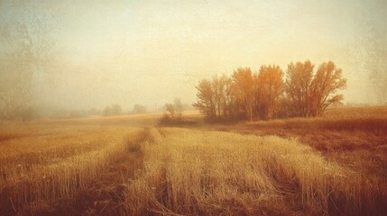 Obraz premium Photo of a field in autumn, a misty morning, with large wheat fields and distant trees. The warm tones and soft focus create a vintage-inspired aesthetic.