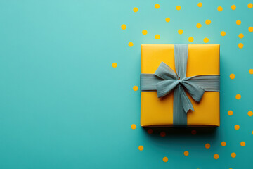 A yellow gift wrapped with a grey ribbon and bow, set against a vibrant teal backdrop with confetti.