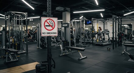 Gym Interior with Exercise Equipment and No Smoking Signage in Place