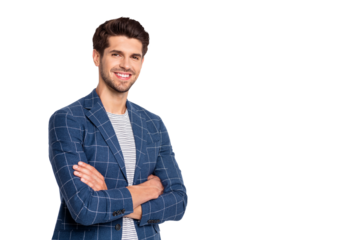 Turned photo of imposing youth cross his hands wear plaid outfit blazer jacket isolated over white background