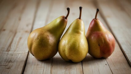 Three ripe pears arranged on a rustic wooden table highlighting their natural textures and colors during soft daylight hours Generative AI