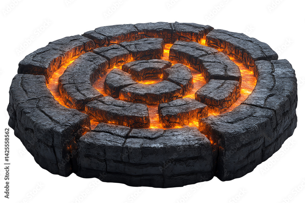 Poster circular stone pattern with glowing lava elements, isolated on white background.