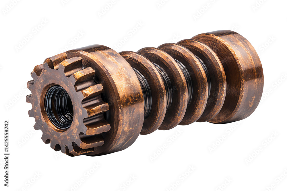 Poster Close-up of a durable, metallic mechanical part showcasing intricate details and texture on a white isolated background.
