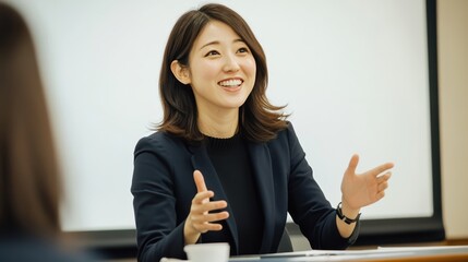 プレゼンやスピーチで聴衆に向かって話す日本人女性（講演・会社員・講師・起業・教育）